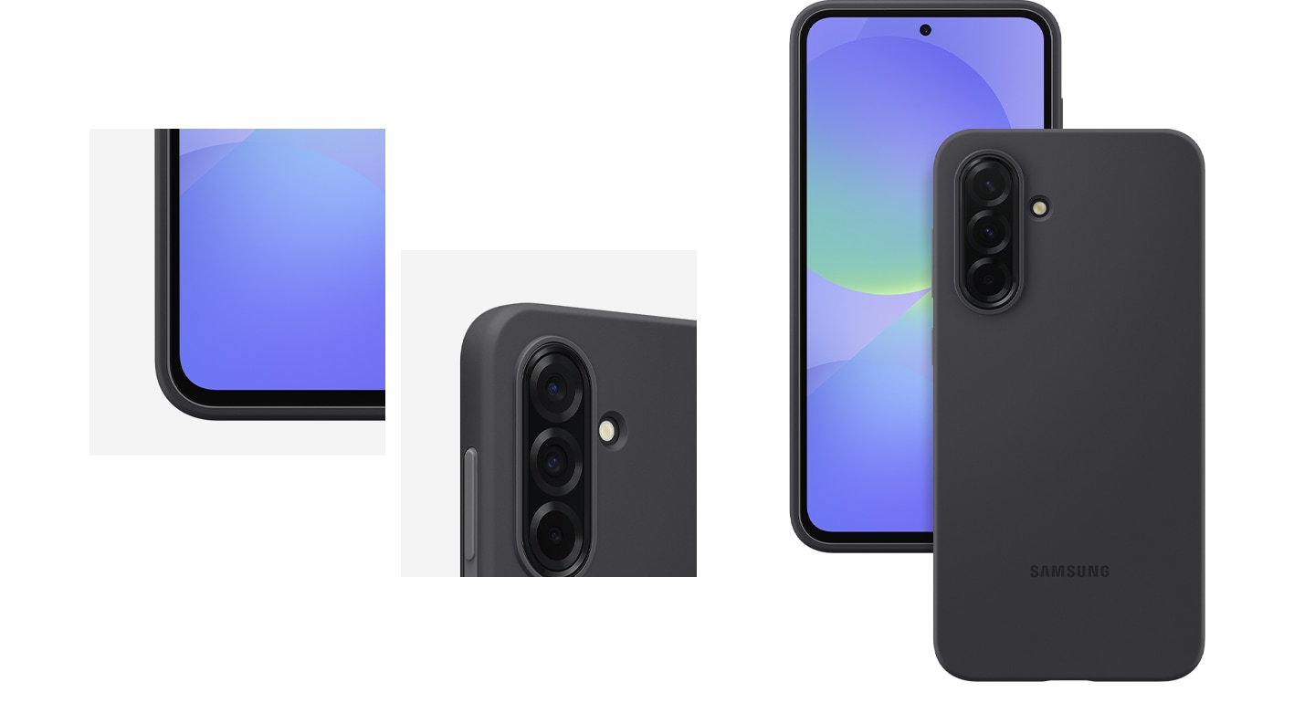 A close-up shot of the bottom left corner of Galaxy A36 5G in the Silicone Case. A rear, corner shot of Galaxy A36 5G in the Silicone Case. Two Galaxy A36 5G devices in Silicone Cases with one showing the front and the other, showing the back.