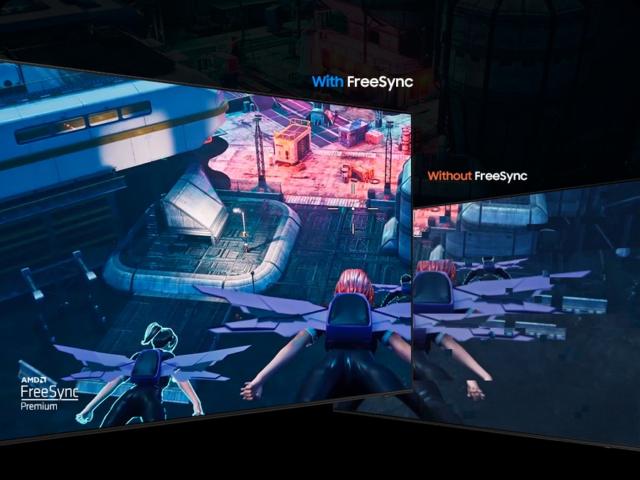 With FreeSync, the fantasy game on screen is clearly shown. Without FreeSync, the screen is torn. AMD FreeSync Premium.