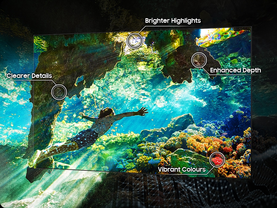 TV shows scene enhanced by HDR, spotlighting areas that show the brighter highlights, clearer details and vibrant colors.