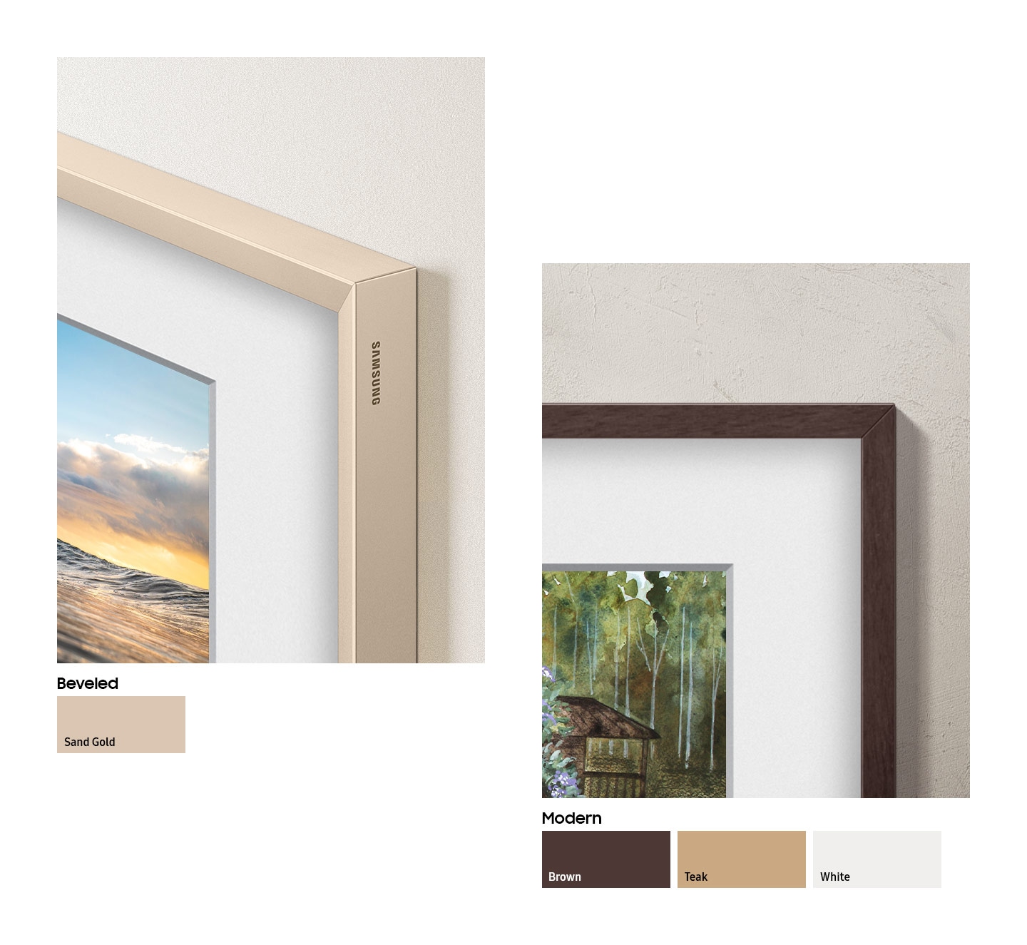 Two cuts show Samsung The Frame bezel styling options. Beveled design in Sand Gold, Modern design in Brown, Teak and White.