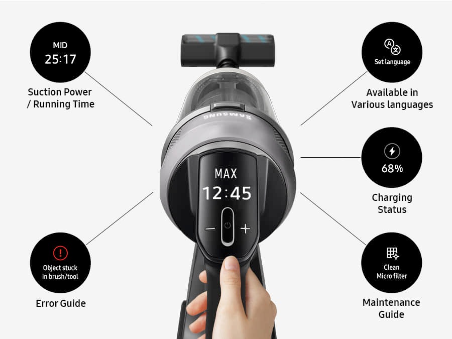 A hand holds a Bespoke AI Jet Lite and the close-up of its LCD digital display is in the middle, surrounded by 5 different displays that could appear: Suction power/running time, Error guide, Available in various local languages, Charging status, and Maintenance guide.