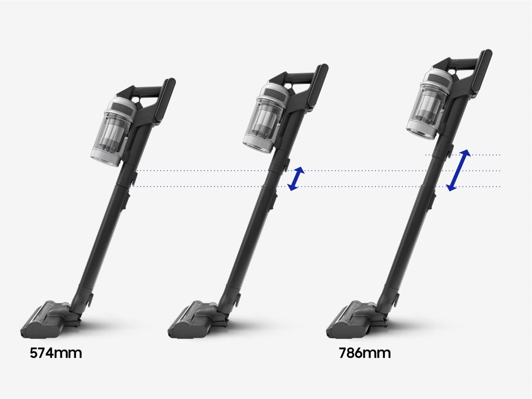 3 Bespoke AI Jet Lite stand side-by-side at different height adjustments. Arrows indicate it can be set between 574 and 786mm.