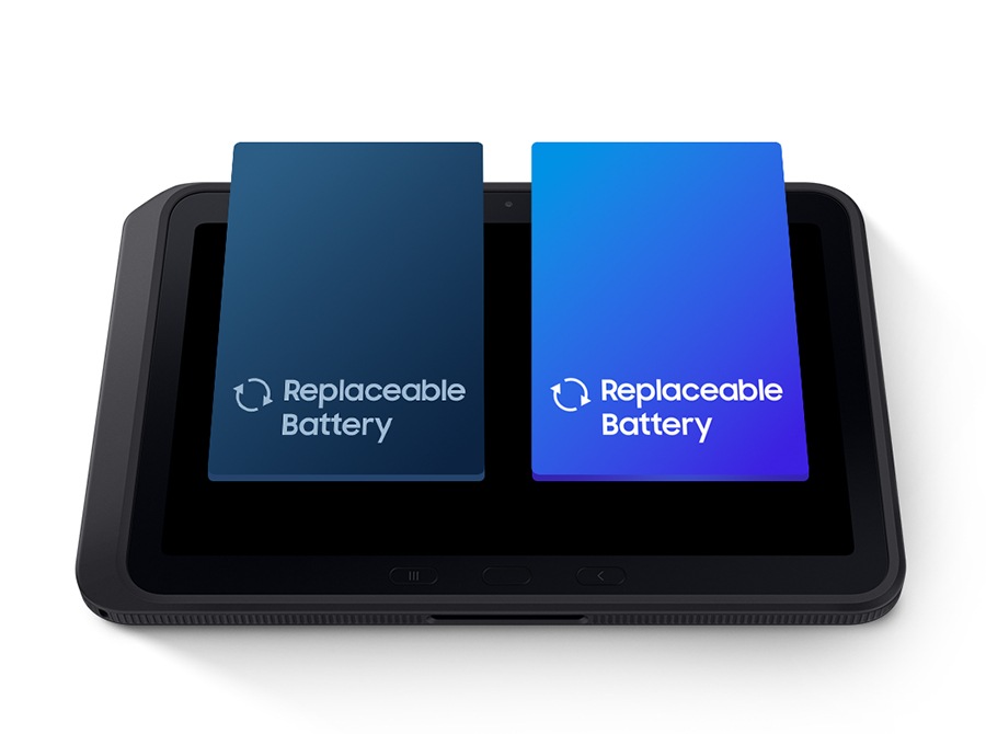 Galaxy Tab Active5 Pro is facing upward with two blue illustrated battery blocks onscreen. The left block is dimmed to indicate it’s not in use, while the right block is bright to show active use. Both display a replacement icon and the label Replaceable Battery.