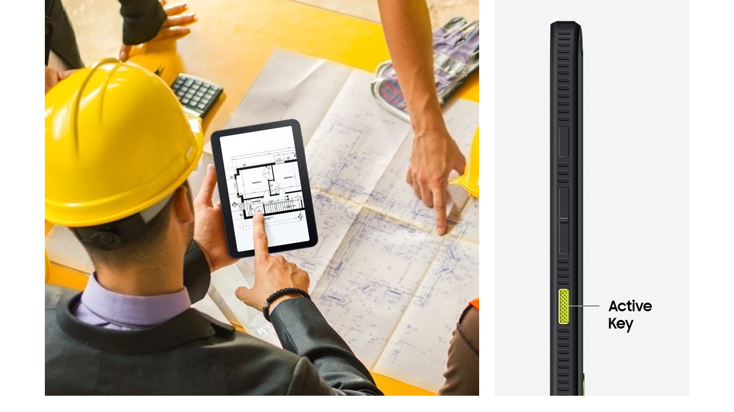 Workers wearing safety helmets gather around a table with a printed blueprint, while one person holds Galaxy Tab Active5 Pro displaying the same blueprint onscreen. A side profile of the tablet highlights the Active Key.