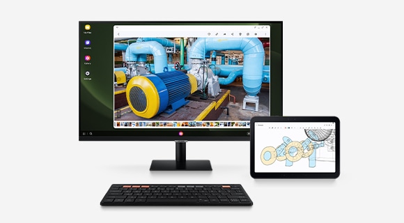 A PC monitor displays a water pump, with a keyboard positioned below. To the right, Galaxy Tab Active5 Pro shows an illustrated view of the pump's components onscreen.