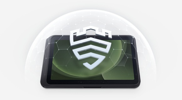 Galaxy Tab Active5 Pro is facing forward at a slight angle with a dark green background onscreen. An animated Knox logo floats above the device.