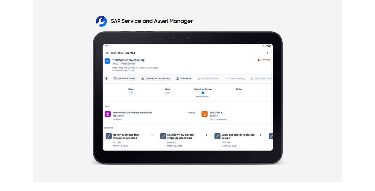 Galaxy Tab Active5 Pro is facing forward, displaying an SAP service dashboard with information on ongoing projects, asset management and operational progress. An SAP Service and Asset Manager apps logo in the top left corner.