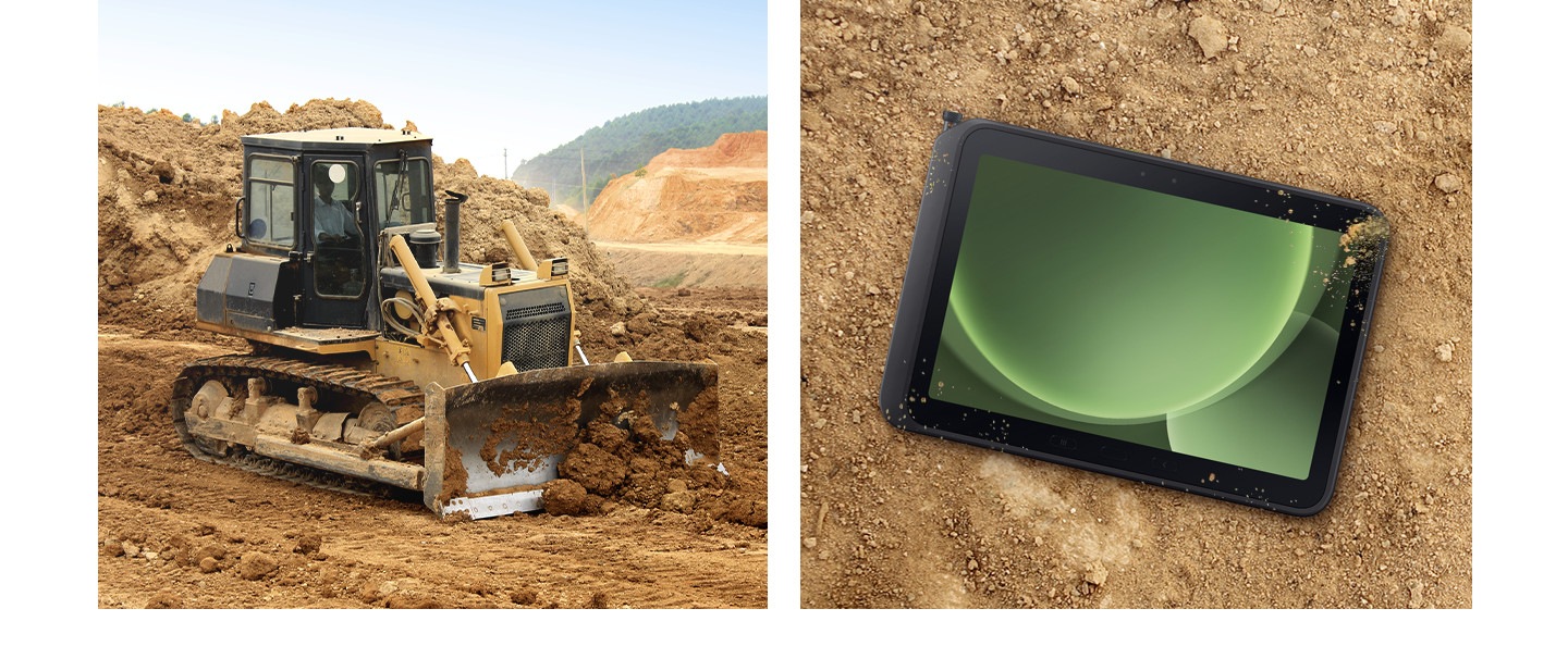 A bulldozer pushes soil. Galaxy Tab Active5 Pro lies on the ground, lightly covered in dirt. A green-shaded shape is displayed on the tablet’s screen