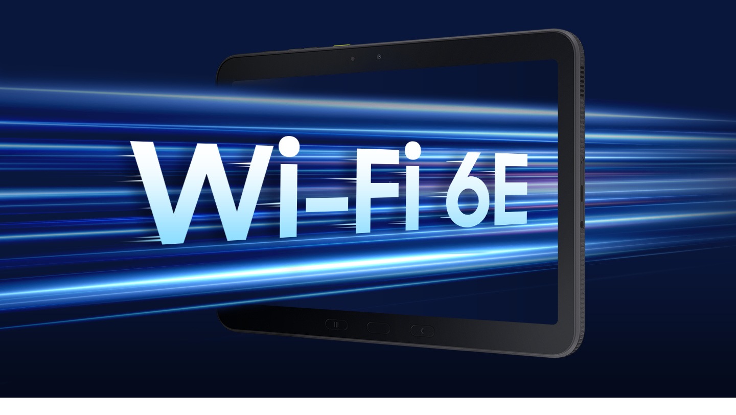 Galaxy Tab Active5 Pro floats in mid-air, angled slightly to the left, with light streaks in the background. Wi-Fi 6E appears above the lights, representing fast and reliable wireless connectivity.