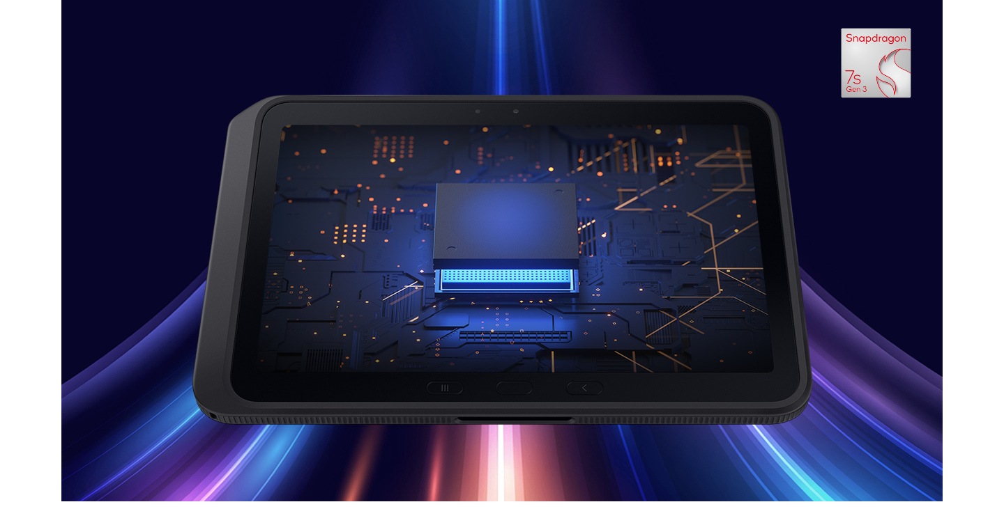Galaxy Tab Active5 Pro is floating in mid-air, facing forward. The tablet screen displays a circuit-like background resembling internal hardware, with the chipset visuals accentuated to highlight performance. The Snapdragon® 7s Gen 3 4nm logo appears in the top right corner.
