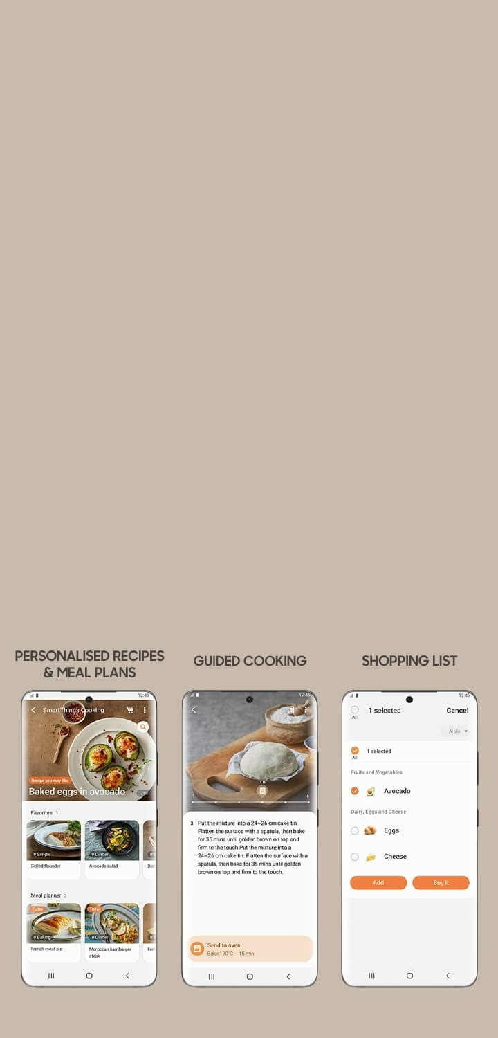 Shows 3 smartphone screens from the SmartThings Cooking app, which lets you access personalised recipes and meal plans, view guided cooking instructions and create a grocery shopping list to buy ingredients.