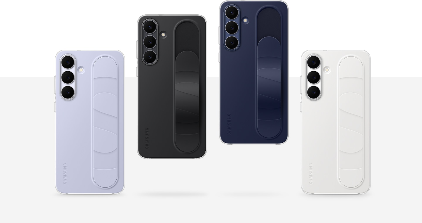 All available colour options of the Standing Grip Case are displayed. The cases are shown by their rear sides. The order of the colors displayed from left to right is Light Blue, Black, Dark Blue and White.