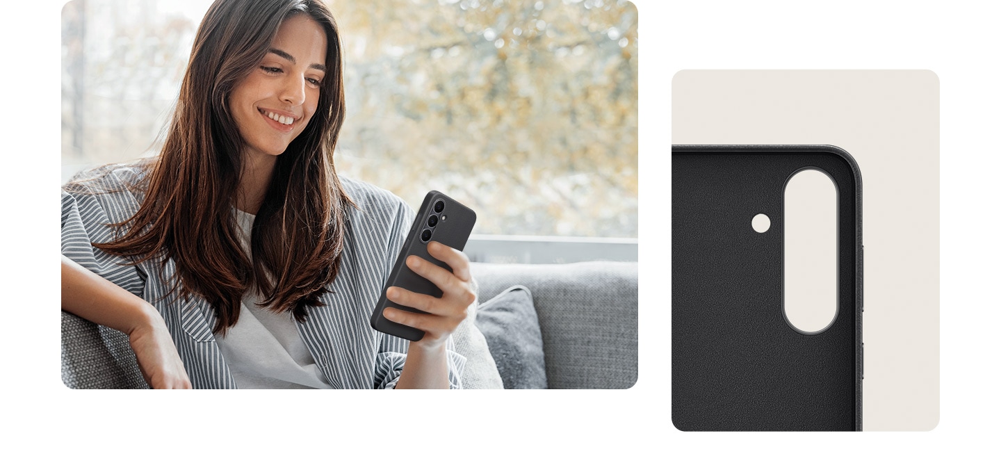 A young woman sitting on a couch is using a phone encased in the Kindsuit Case with her left hand while smiling. A different shot shows a closeup of the inner surface of the Kindsuit Case lined with the micro twill material.