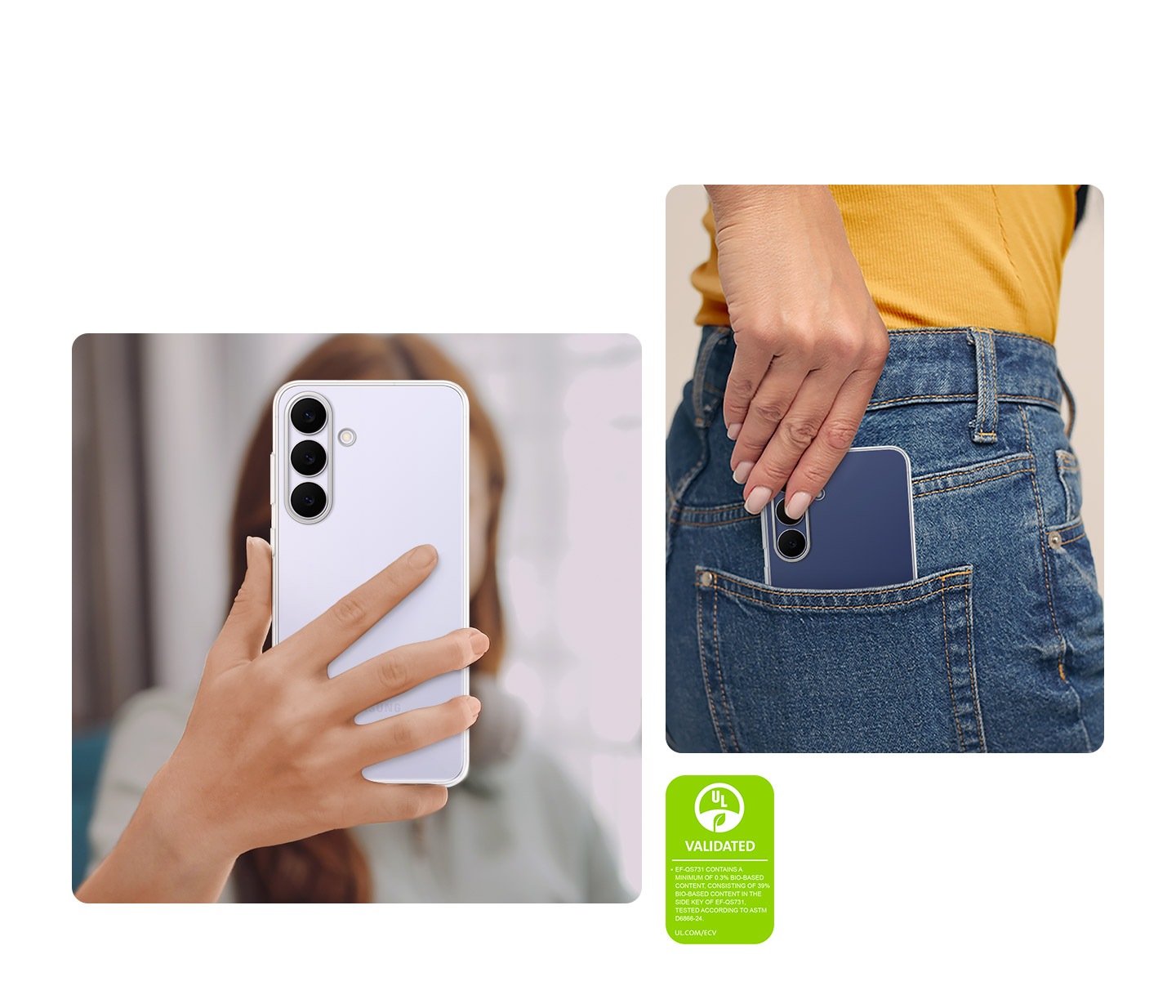 A woman is holding Galaxy S25 FE in her hand with the rear side facing out. A different shot shows another woman putting her Galaxy S25 FE encased in the Clear Case in the back pocket of the denim jeans she is wearing