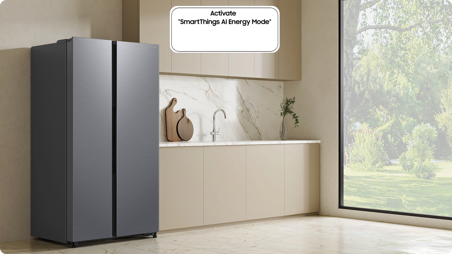 The refrigerator installed in the kitchen with the Activate “SmartThings AI Energy Mode” button ON. The AI Energy Mode is turned on, AI activated to check internal and manage the compressor, and a graph shows the UP to 30% Energy Saving effect when in AI Energy Mode compared to Normal mode.