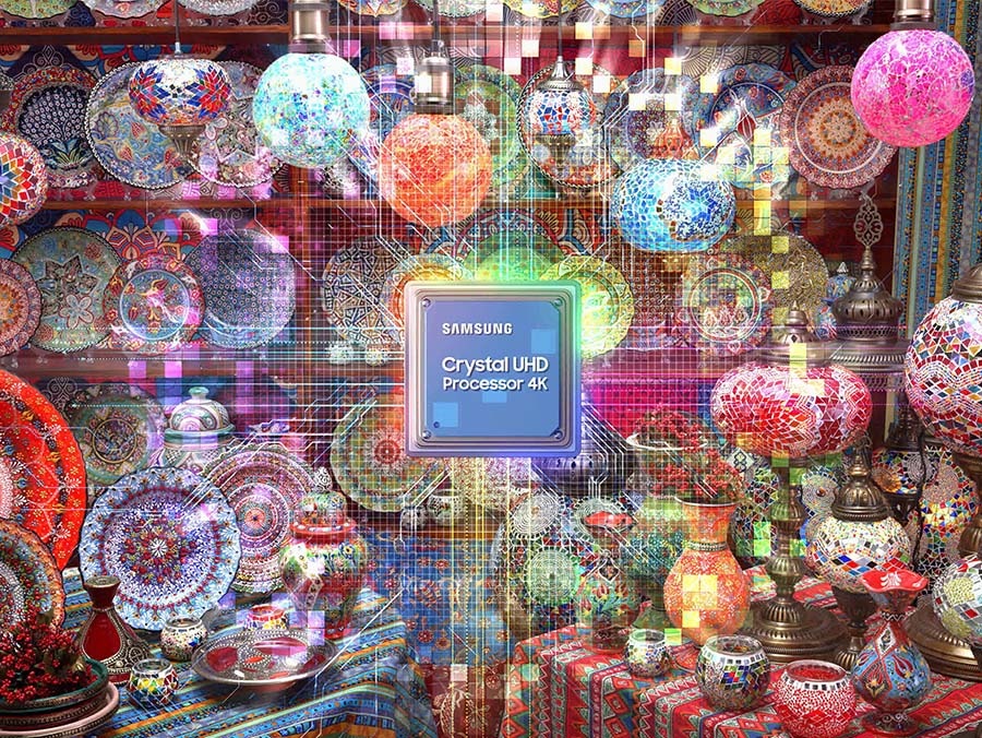 In the background of a store selling vibrant dishes and lighting, the image quality is processed by the Crystal UHD Processor 4K and becomes sharper.