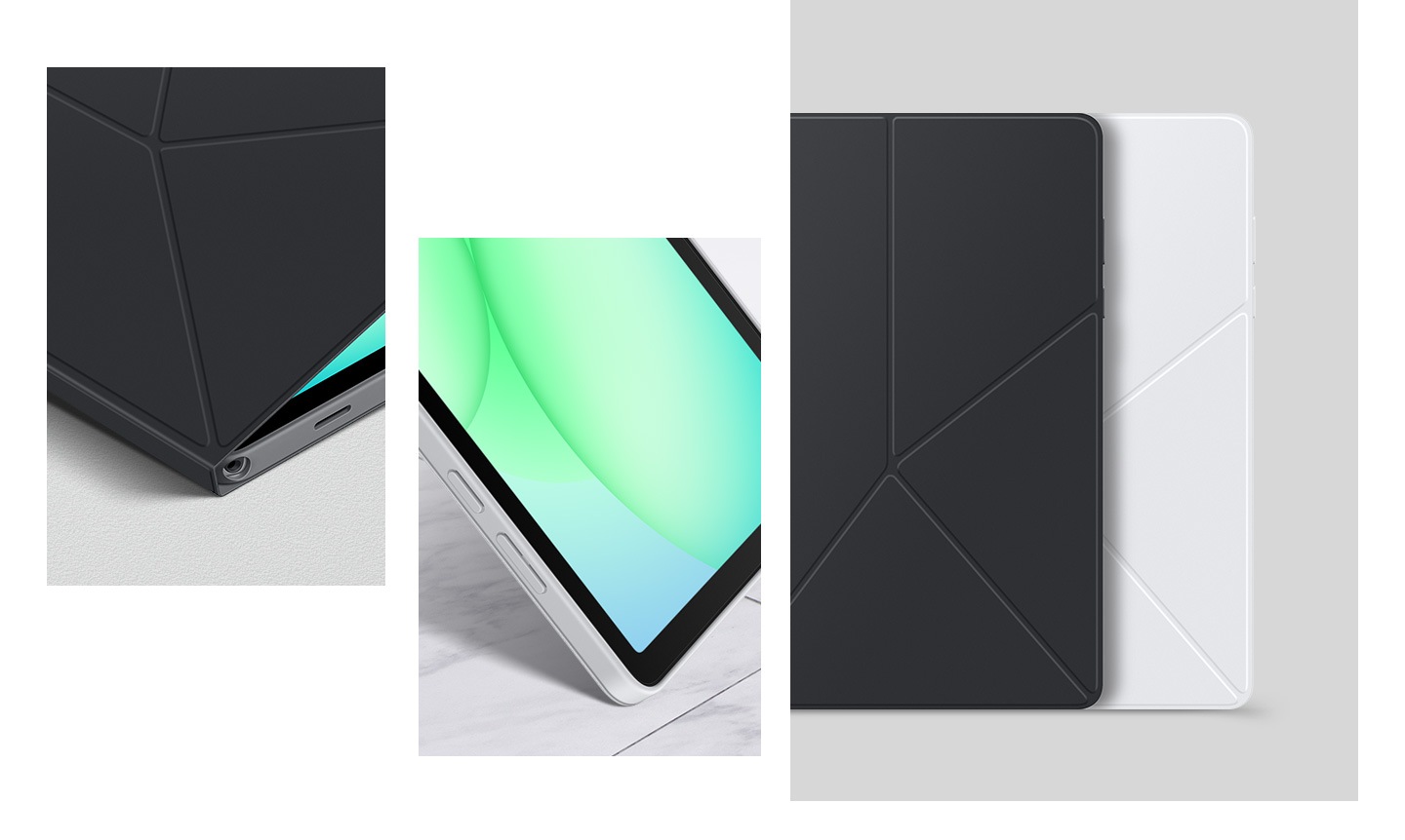 A close-up of a corner of Book Cover encasing a Galaxy Tab A11+ device. A close-up of the device standing on its upper left edge to highlight the cover's protection against drops. Two Book Cover cases in different colors are laid flat overlapping on top of each other.