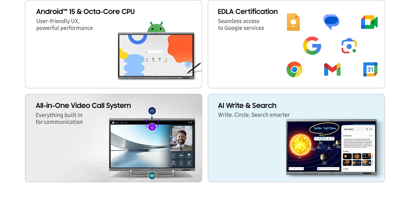 Android 15, Octa-Core CPU, EDLA Certification, All-in-One Video Call System and AI Write & Search