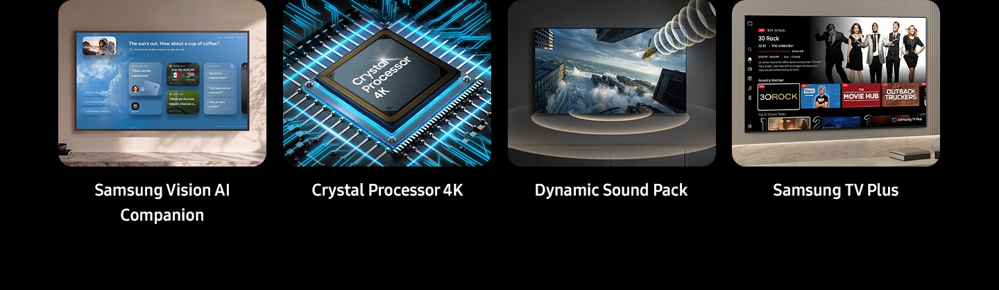 A feature overview, highlighting Samsung Vision AI Companion, Crystal Processor 4K, Dynamic Sound Pack and Endless Free Content.