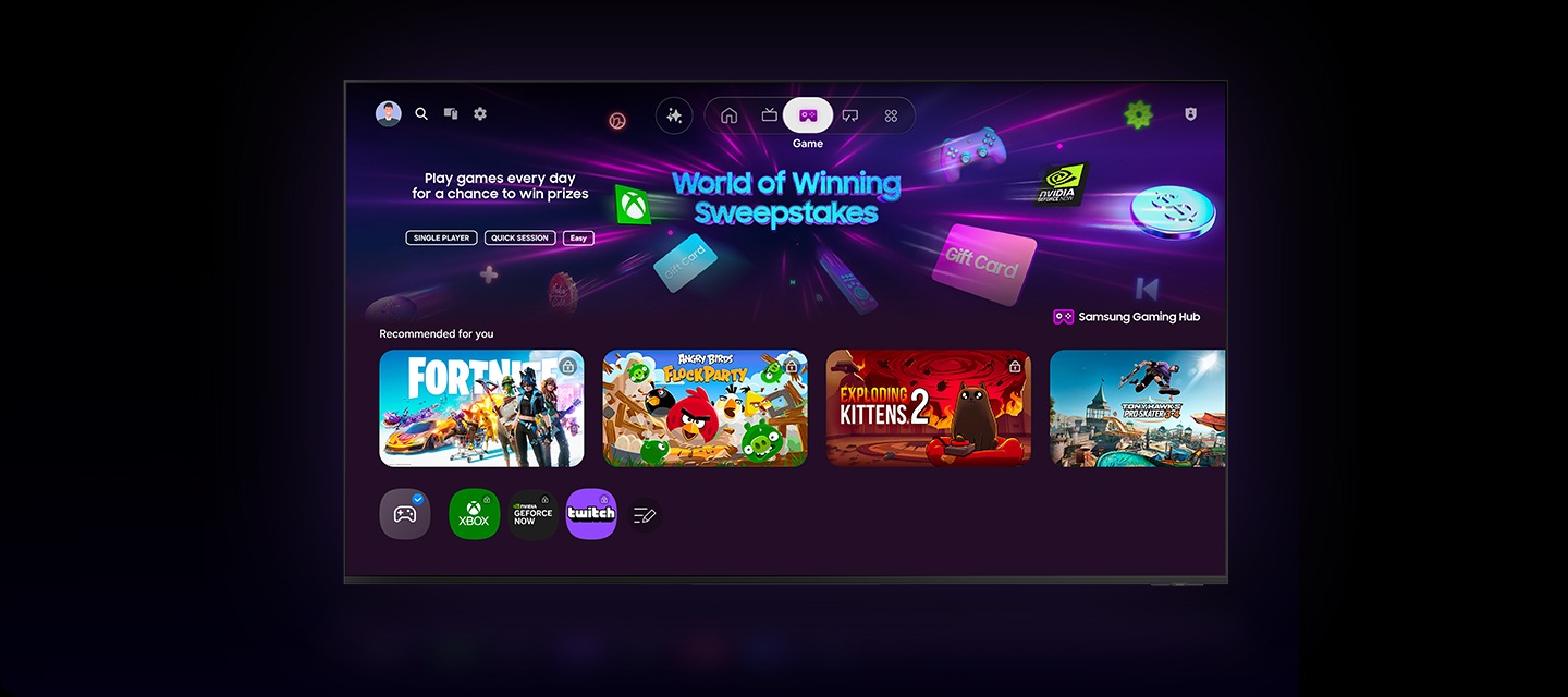 A TV displays the Samsung Gaming Hub home screen, which has options for streaming and playing games.
