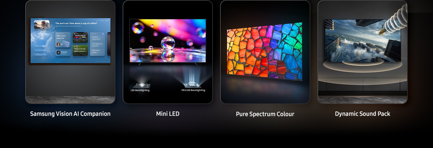 تُعد ميزات Samsung Vision AI Companion و Mini LED و LED Backlighting و Mini LED Backlighting و Pure Spectrum Color و Dynamic Sound Pack من أهم 4 ميزات.