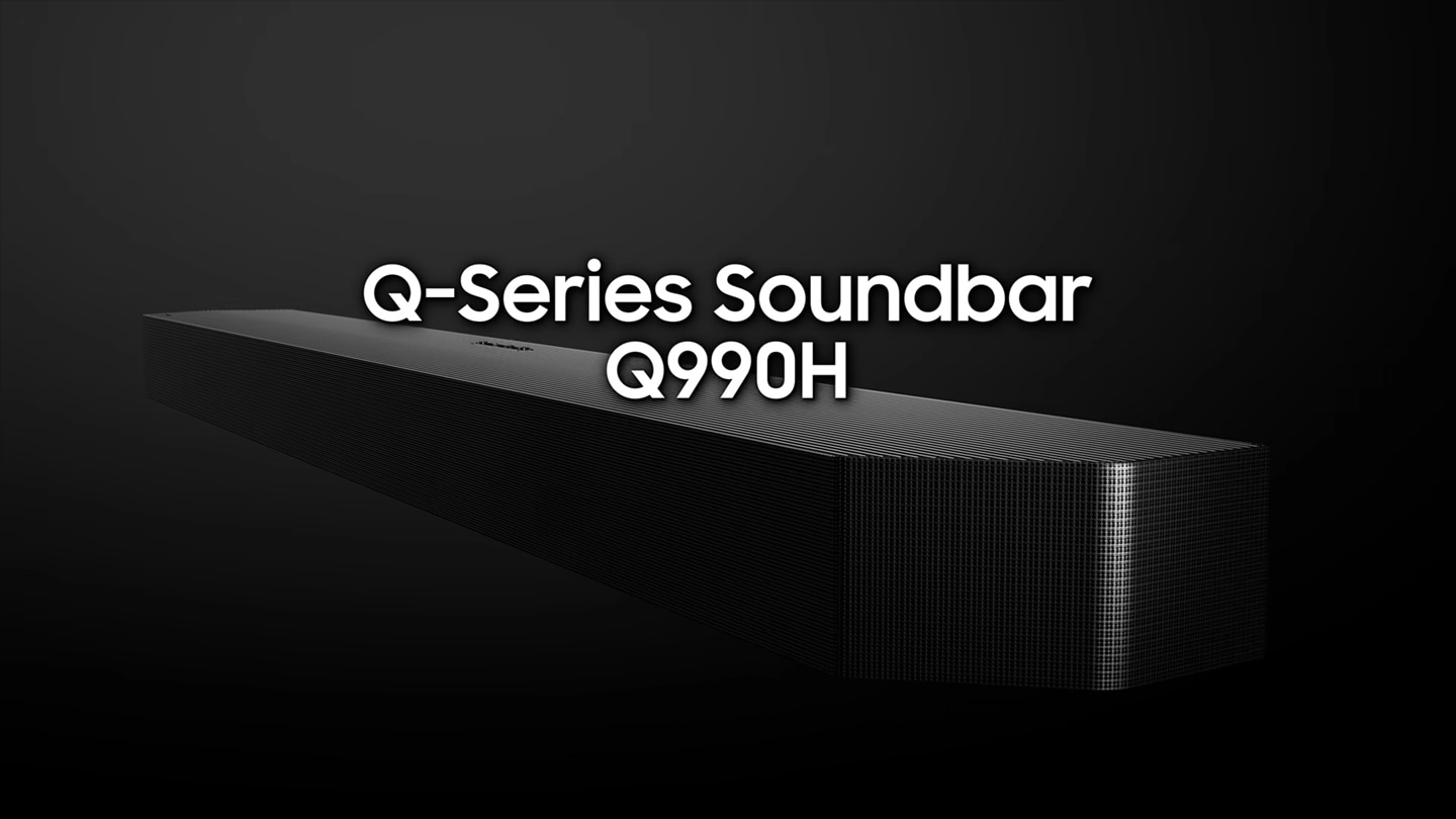 Samsung представляет звуковую панель Q-Series Q990H. Q990H под телевизором в комнате. Показаны внутренние компоненты Q990H. Звуковые волны создают эффект полного объемного звучания 11.1.4ch, который окутывает вас. Показаны внутренние компоненты сабвуфера. В мощном 8-дюймовом сабвуфере с двумя активными динамиками используется технология нелинейного управления на основе искусственного интеллекта. Звуковые волны исходят от сабвуфера. Показаны внутренние компоненты тыловых динамиков и звуковые волны, исходящие от них. Звуковые волны, распространяющиеся в разных направлениях, демонстрируют технологию Wireless Dolby Atmos с логотипом Dolby Atmos. Кабель между телевизором и саундбаром исчезает. Объемный звук без кабеля HDMI. Динамики телевизора и саундбара работают в идеальной гармонии с технологией Q-Symphony. Функция SpaceFit Sound Pro анализирует помещение, автоматически настраивая и калибруя звук в соответствии с его особенностями. Функция Active Voice Amplifier усиливает голоса на фоне внешних шумов и звука в контенте. Ловите каждое слово, не отвлекаясь. Функция Adaptive Sound воспроизводит звук и диалоги, оптимизированные для вашего контента. Настройка Q990H с телевизором. Логотип Samsung.