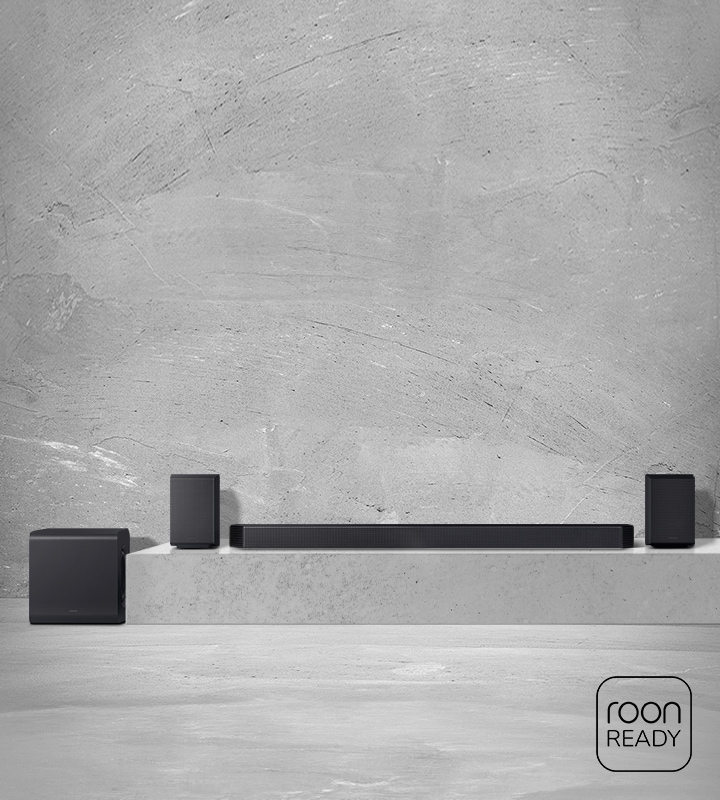 Samsung Q930H soundbar with a subwoofer and two rear speakers. Roon Ready logo.
