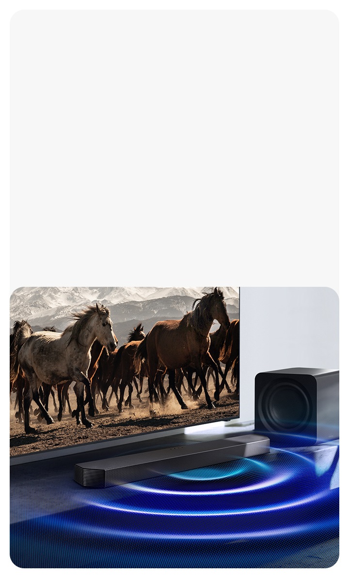 Sound waves stream from a Samsung soundbar placed under a TV, while the subwoofer next to it is turned off.