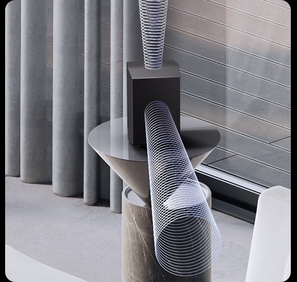 Sound waves shoot out from a rear speaker's front- and up-firing speakers in a living room setting.