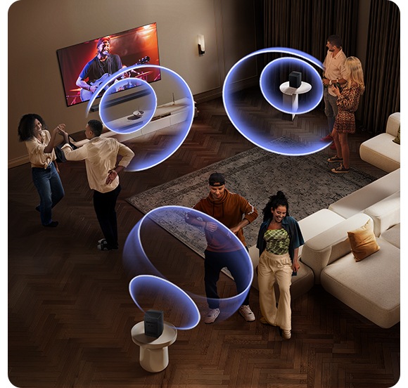 People dance in a room filled with sound waves, coming from a soundbar and rear speakers set on opposite ends of the room.