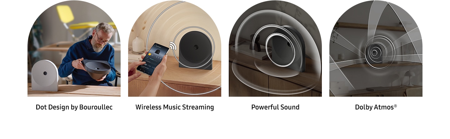 Four key feature images of Music Studio 5 speaker, including Dot Design by Bouroullec, Wireless Music Streaming, Powerful Sound and Dolby Atmos.