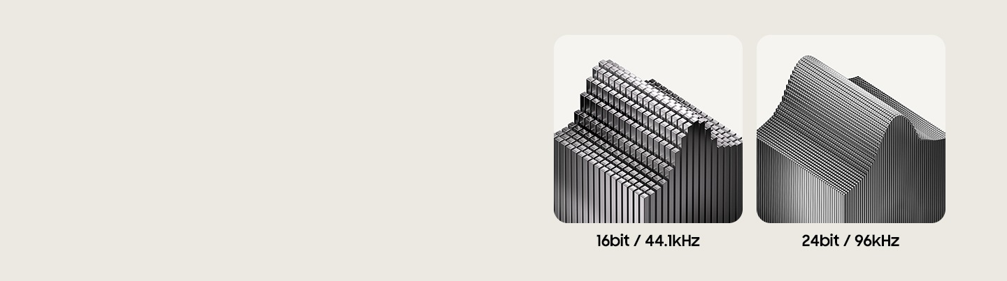 Graphics showing Hi-Resolution Audio, comparing 16-bit/44.1kHz and 24-bit/96kHz sound detail.