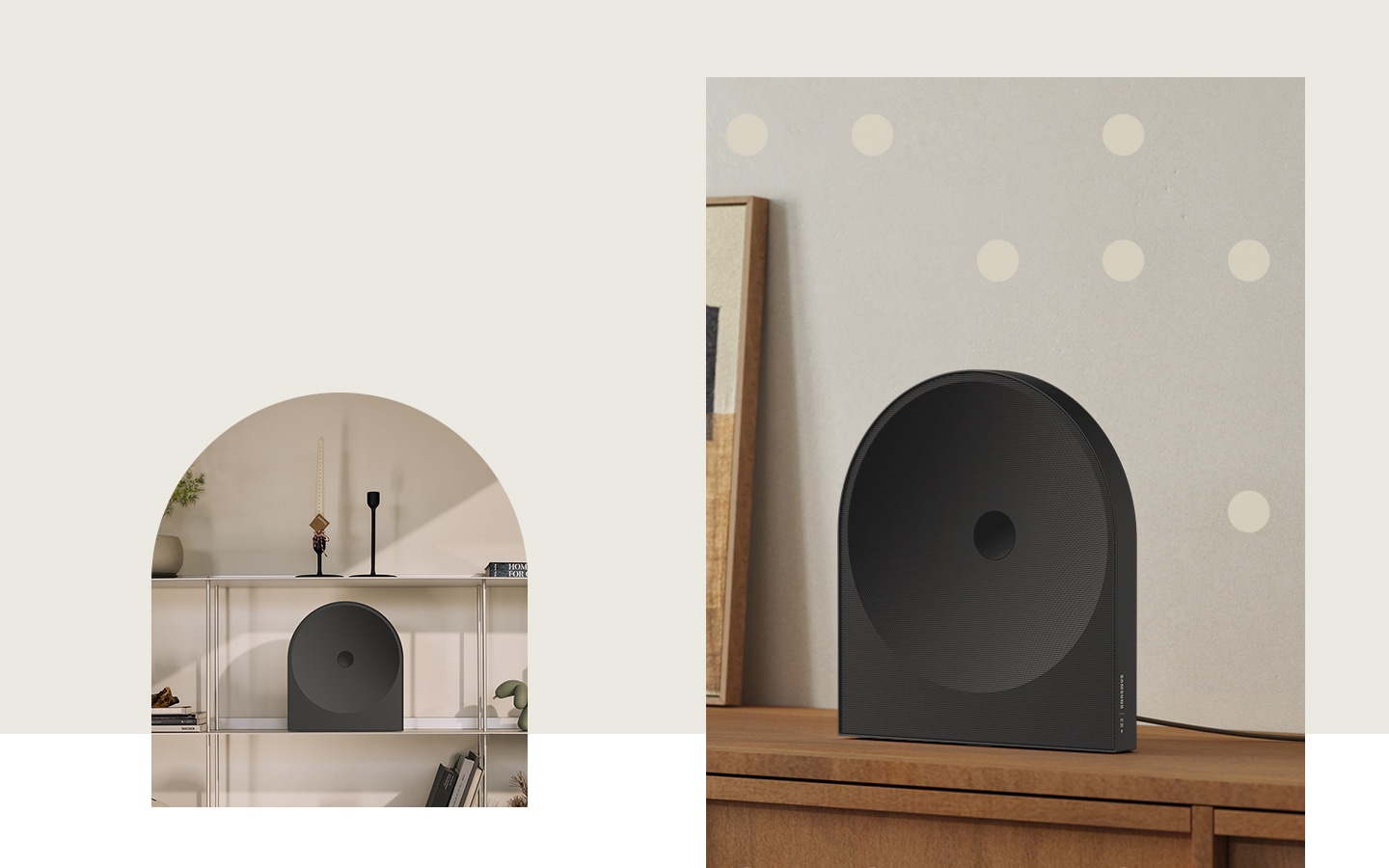 Music Studio 5 speaker on a wooden cabinet and shelf, highlighting its arched form, clean geometry and calm, refined design presence.