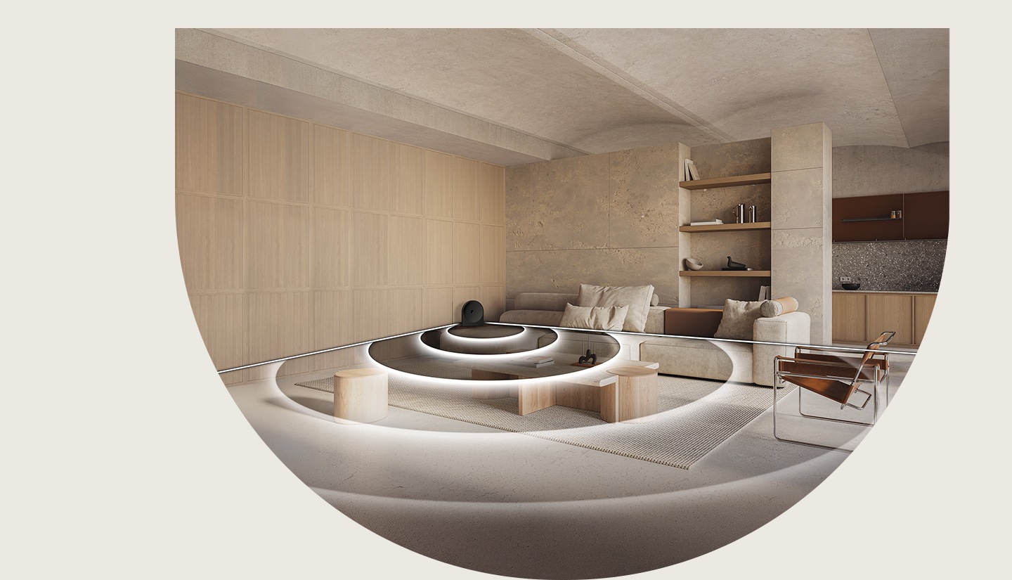 Living room showing Music Studio 5 dispersing sound evenly, with a wide sweet spot illustrated across the seating area.