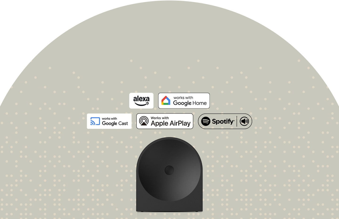 Music Studio 5 speaker with logos for Amazon Alexa, Works With Google Home, Works With Google Cast™, Works With Apple AirPlay and Spotify, showing versatile voice and streaming support.