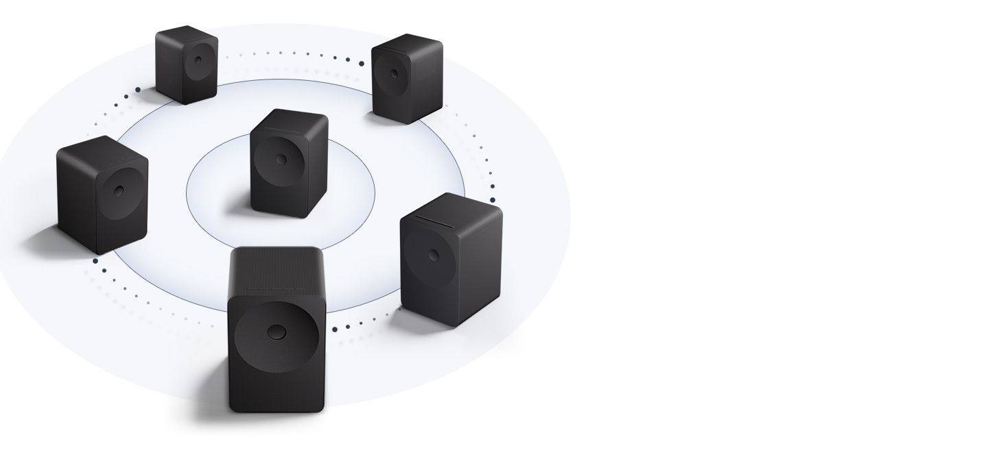 Six Music Studio 7 speakers arranged in a circular layout with one at the center, illustrating Group Play connectivity for synchronized, amplified shared sound.