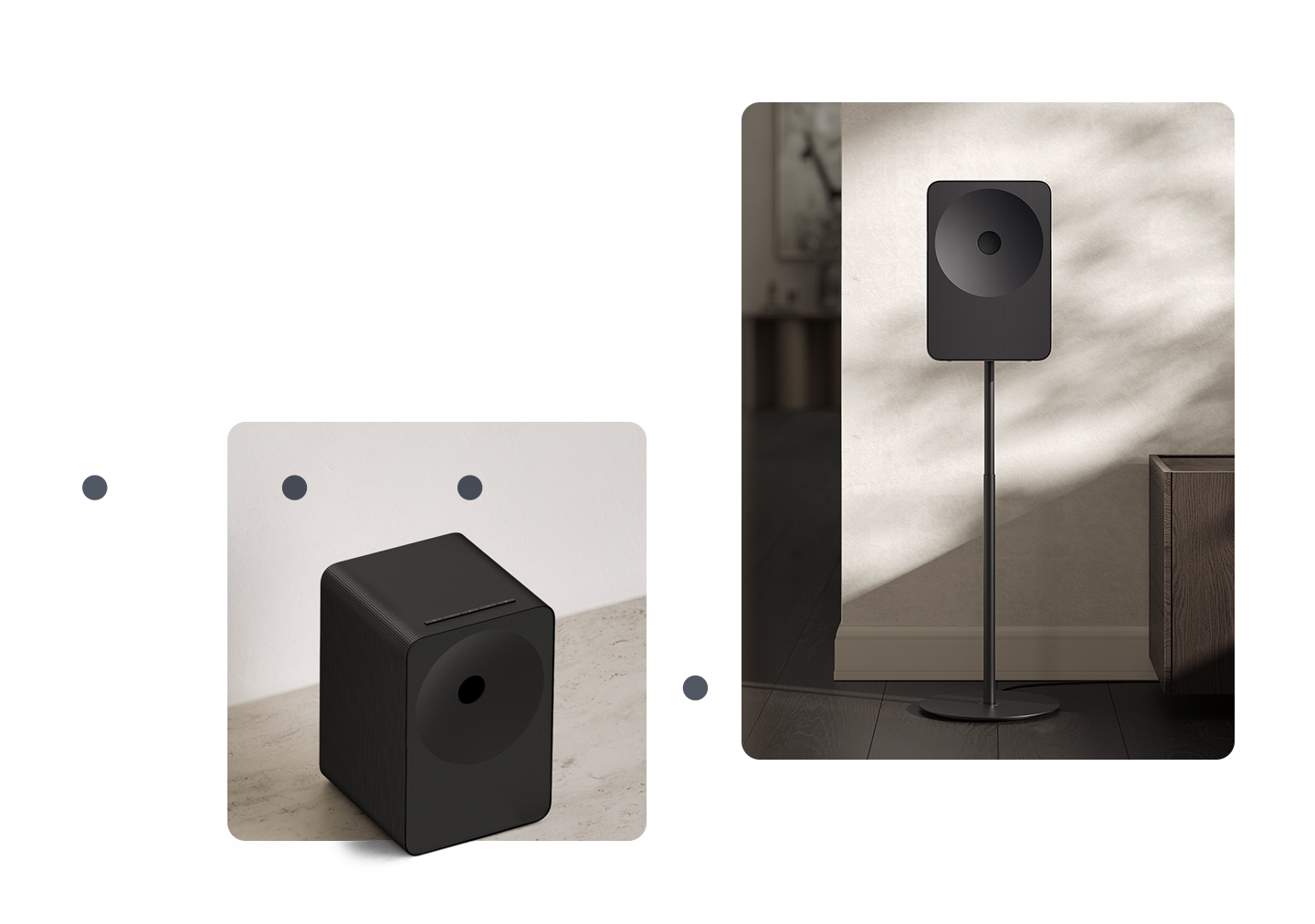 Music Studio 7 speaker shown on a stand and tabletop, highlighting its minimal geometry, smooth lines and calm, refined design presence.