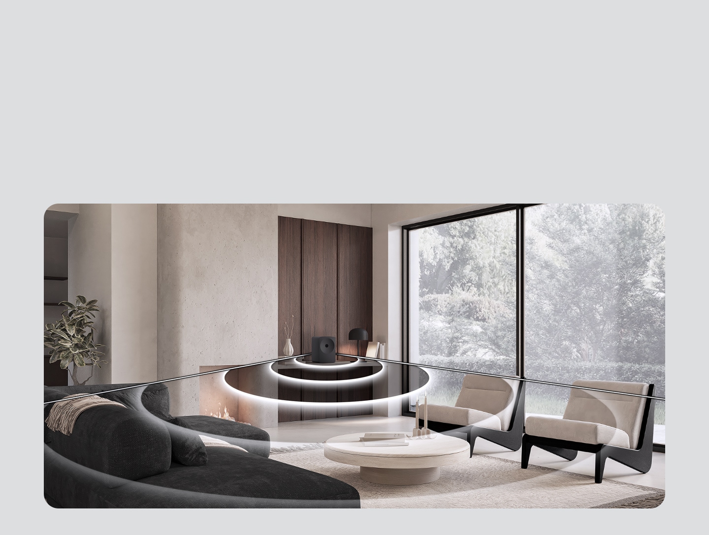 A close-up of the Music Studio 7 speaker floats against a dark backdrop, its sculpted front briefly revealed. The scene transitions into a refined living room where the speaker rests on a shelf beside books and a table lamp. As the camera slowly pulls back, a wide, gently curved band of translucent sound waves fans outward from the speaker, stretching across sofas, armchairs, and the entire seating area, illustrating the built-in waveguide dispersing audio evenly to create a broad sweet spot with balanced volume and clarity from multiple listening positions.