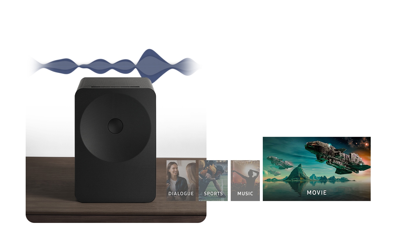 A Music Studio 7 speaker sits on a cabinet as sound wave visuals shift in shape and intensity. On-screen content cycles through dialogue, sports, music and movie scenes, while the audio waves adjust accordingly to show AI Adaptive Sound automatically optimizing voices and details for each type of content.