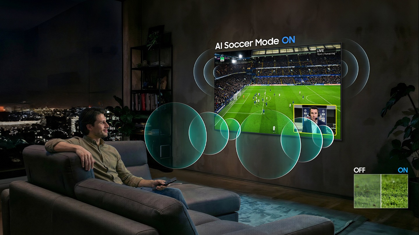 Man enjoys clear crowd and commentator sound with crisp, vibrant visuals with Football Mode ON compared to off on Samsung TV.