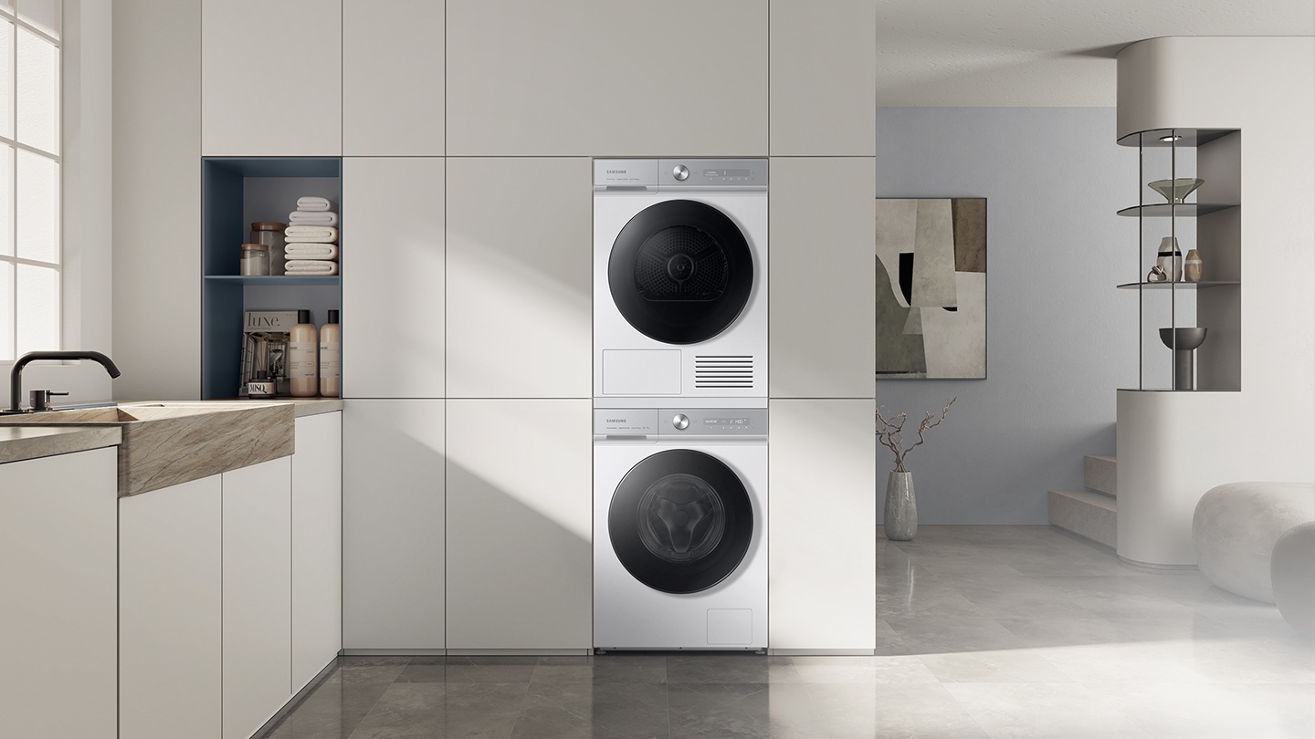 Bespoke 12kg washer and 9kg dryer are installed in the laundry room, with a stacking kit.