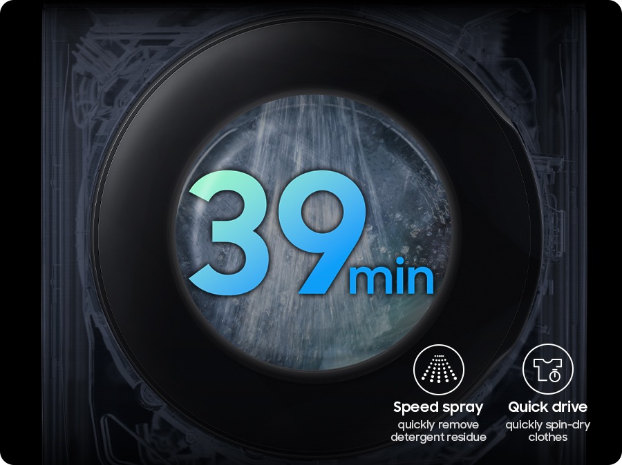 Laundry is inside the drum, and the wash is completed in 39 minutes using Super Speed. Speed Spray quickly removes detergent residue, while Quick Drive rapidly spin-dries the clothes.