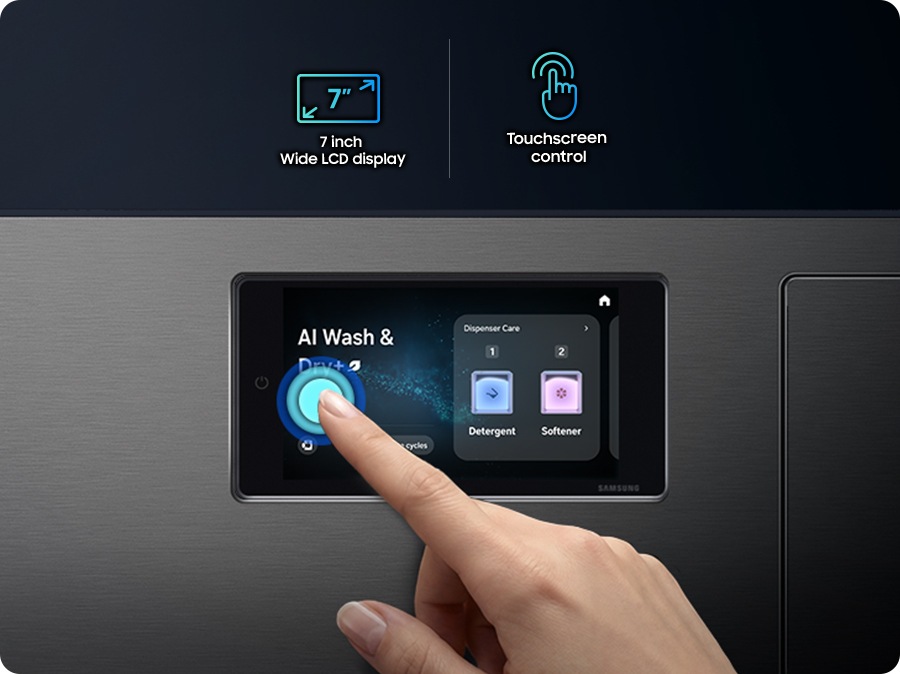 A close-up of the combo’s 7-inch screen shows the AI Wash & Dry cycle interface. The screen displays course progress and completion. The LCD screen can also be used to access incoming calls and weather information.