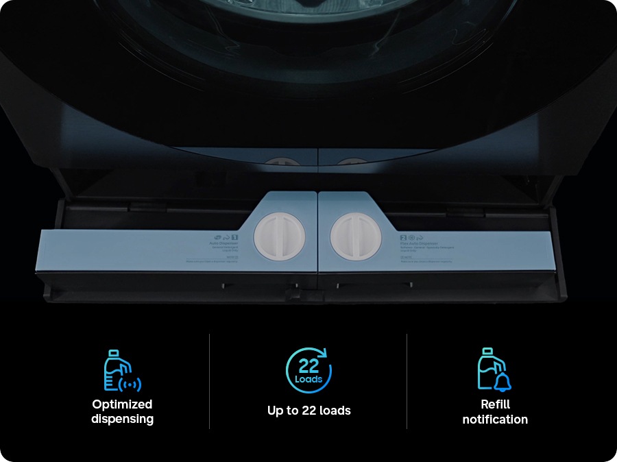 The user is filling detergent into the combo dispense based on your needs. You can use general detergent, specialty detergent, and softener. The machine automatically dispenses the right amount for each load. * Images are for illustrative purposes only.