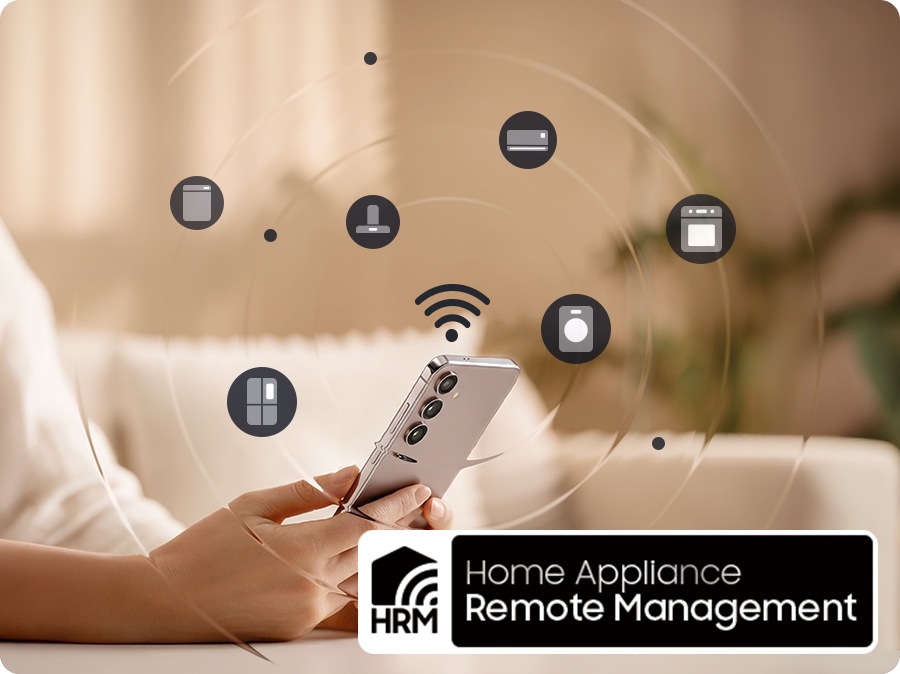 A person using a smartphone connected via Wi-Fi, surrounded by icons of home appliances including a washing machine, refrigerator, dishwasher, oven, air conditioner, and hood. An HRM (Home Appliance Remote Management) mark appears in the bottom right corner.