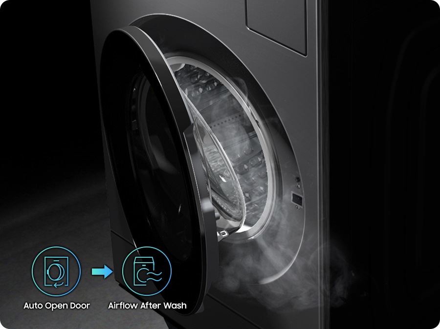 After the cycle ends, the combo door auto-opens to release air. Airflow is then added inside the drum after the wash for extra freshness.