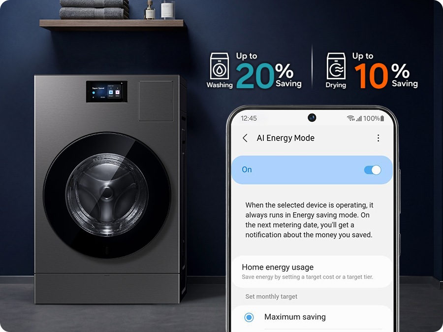 A freestanding combo is shown with a graph comparing AI Energy Mode On and Off. AI Energy Mode is activated through the SmartThings app, saving up to 60% energy during the washing cycle and up to 30% during the drying cycle.