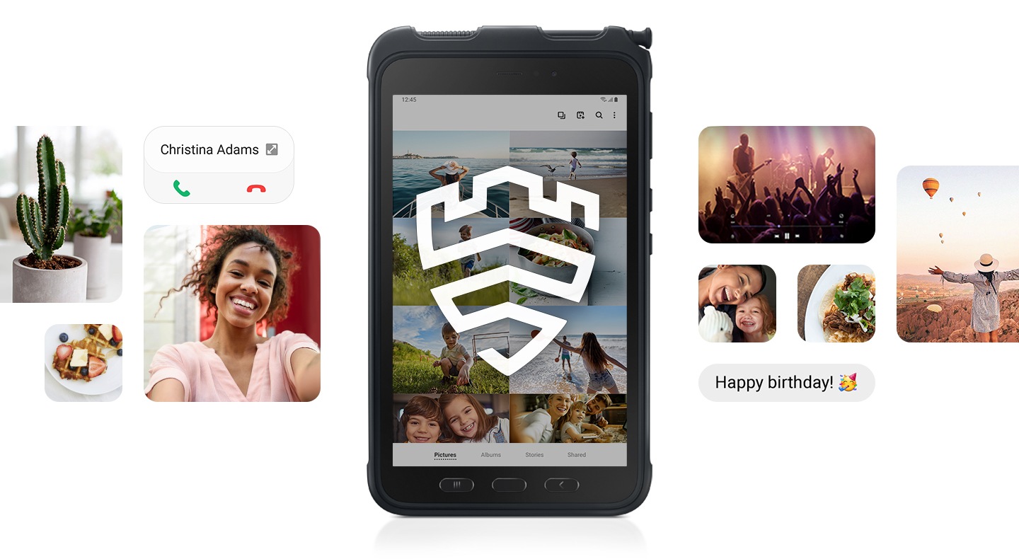 Galaxy Tab Active3 with a gallery overlaid with KNOX icon. Photos of cactus, pancake, selfie, food, etc. placed in the back.