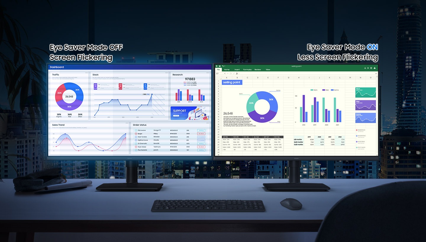There are two monitors, and the left one flickers and emits blue light since the Eye Saver Mode is off. The right one is less flickering and does not emit blue light as its Eye Saver Mode is on.