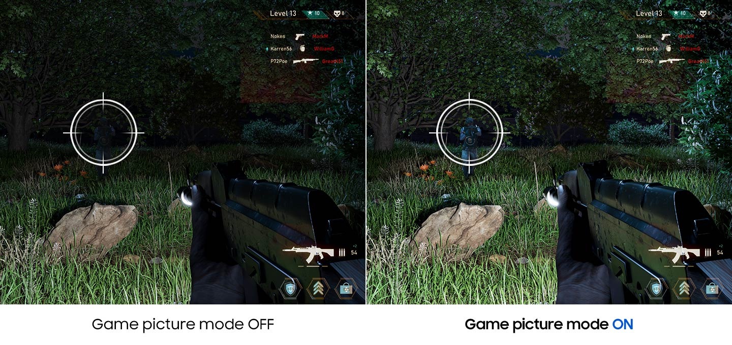 The same game screen is being compared from side to side. While the image on the left with Game Picture Mode off is dark and the opposite enemy is hard to be found, the enemy can be found easily in the image on the right with Game Picture Mode on.